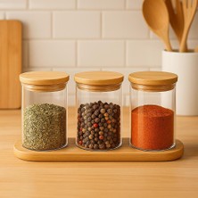 Genel 3’lü Bambu Kapaklı Cam Baharatlık Seti – Standlı Şık Mutfak Düzenleyici