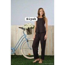Pijamoni Kadın Dublin Kumaş Ip Askılı Düğmeli Yaka Siyah Pijama Takımı