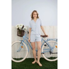 Pijamoni Kadın Dublin Kumaş Rodoplu Gömlek Yaka Mavi Şort Takımı