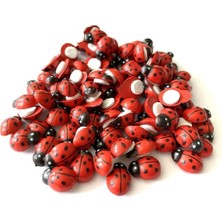 Yiğit Aksesuar 50 Adet Ahşap Kırmızı Mini 9*13 mm Uğur Böceği Yapışkanlı Stiker Etiket Boncuk