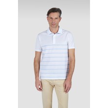 Paul & Shark Erkek Çizgi Desenli Kısa Kollu Regular Fit Pamuklu Beyaz-Mavi Polo Yaka T-Shirt 25411223-218