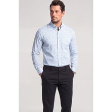Paul & Shark Erkek Slim Fit Desenli Pamuklu Uzun Kollu Mavi Gömlek 26413272-G60