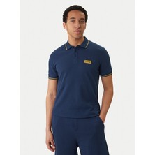 Versace Erkek Regular Fit Pamuklu Kolarında Şerit Desenli Kısa Kollu Mavi-Gold T-Shirt 80GAGT05 CJ01T-G83