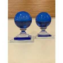 Dekoratif Kristal Küre 2'li Renk Mavi Şeffaf Yükseklik 14 ve 12 cm Çapı 8 cm