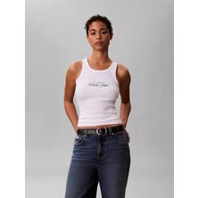 Calvin Klein Kadın Slim Fit Logo Desenli Yuvarlak Yakalı Askılı Beyaz T-Shirt LV047F816G-YAF