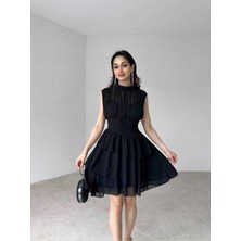 Moda Durağı Massimo Drapeli,dik Yaka,kolsuz,mini,fermuar Kapamalı,premium Kaliteli Şifon Elbise Siyah