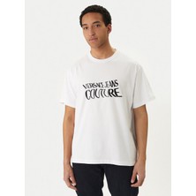 Versace Erkek Regular Fit Logo Desenli Pamuklu Yuvarlak Yakalı Kısa Kollu Beyaz T-Shirt 80GAHE04 CJ00E-003