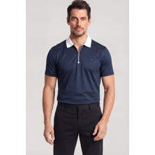 Paul & Shark Erkek Normal Kalıp Yarım Fermuarlı Metalik Logo Detaylı Pamuklu Kısa Kollu Lacivert Polo Yaka T-Shirt 26411247SM-013