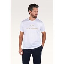 Paul & Shark Erkek Regular Fit Yuvarlak Yakalı Logo Işlemeli Pamuklu Kısa Kollu Beyaz-Altın T-Shirt 26411017A-10E