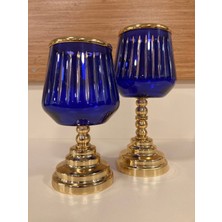 Plus Home Mumluk 2'li Kesme Cam ve Pirinç Renk Mavi Altın Yükseklik 20 ve 16 cm