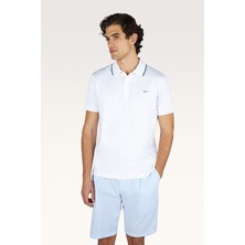 Paul & Shark Erkek Normal Kesim Metalik Logo Etiketli Pamuklu Kısa Kollu Beyaz Polo Yaka T-Shirt 26411246-010