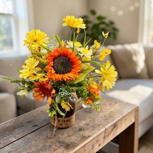 Sedosh Home Vision Turuncu Sarı Ayçiçeği Yapay Çiçek Aranjmanı Cam Vazoda Dekoratif