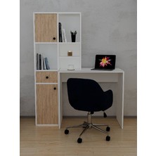 Alfimo Mobilya Smyrna Dolaplı Raflı Çekmeceli Kitaplıklı Çalışma Masası Gövde Beyaz & Kapak Atlantik Çam