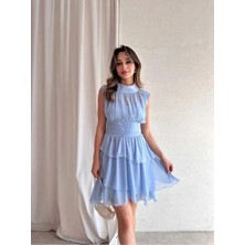 Moda Durağı Massimo Drapeli,dik Yaka,kolsuz,mini,fermuar Kapamalı,premium Kaliteli Şifon Elbise Mavi