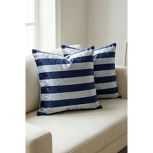 Mefaks Tekstil Çizgili Kırlent Kılıfı 2'li Set | Lacivert Koltuk Yastık Kılıfı 45X45 cm