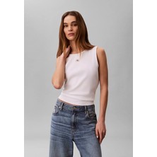 Calvin Klein Kadın Dar Kalıp Pamuklu Yuvarlak Yakalı Ck Logo Etiketli Kolsuz Beyaz T-Shirt LV047F246G-YAF