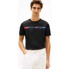 Tommy Hilfiger Erkek Normal Kesim Yuvarlak Ribana Yakalı Logo Baskılı Kısa Kollu Siyah T-Shirt MW0MW42368-BDS