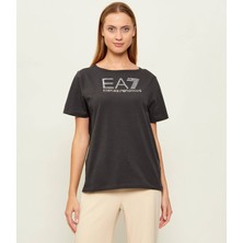 EA7 Kadın Göğüste Taş Detaylı Logo Desenli Pamuklu Yuvarlak Yakalı Kısa Kollu Gri T-Shirt 7W001098 AF14880-U8111