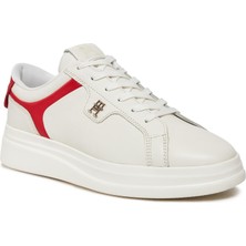 Tommy Hilfiger Kadın Marka Logolu Bağcıklı Kaydırmaz Tabanlı Günlük Beyaz Sneaker FW0FW07460-0K5