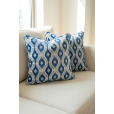 Mefaks Tekstil Ikat Desenli Kırlent Kılıfı 2'li Set | Mavi Beyaz Koltuk Yastık Kılıfı 45X45 cm