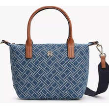 Tommy Hilfiger Kadın Deri Kulp Denim Kumaş Th Logo Desen Mavi Omuz Çantası AW0AW18612-0GY