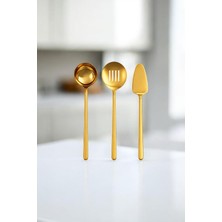 Bereketli Store Paslanmaz Çelik 3’lü Mutfak Seti – Gold Kepçe Spatula Kevgir Servis Seti