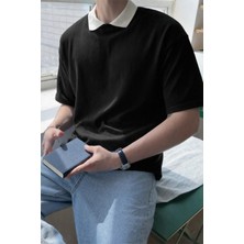 Tarz Cool Erkek Kolej Yaka Tişört Kontrast Detaylı Casual Regular Polo Yaka T-Shirt