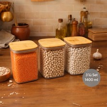 Nesto Home 3'lü 1400 ml Ahşap Kapaklı Silikon Contalı Plastik Saklama Kabı Seti Hava Geçirmez Bakliyat Kabı
