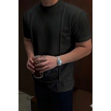 Tarz Cool Erkek Çizgi Detaylı Slim Fit Tişört Bisiklet Yaka Casual Pamuklu T-Shirt