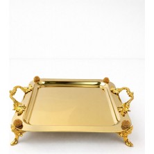 Bereketli Store Varak Detaylı Aynalı Ayaklı Kare Tepsi | Dekoratif Sunum ve Servis Tepsisi