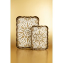 Bereketli Store Elio Model Aynalı Eskitme 2'li Tepsi Seti | Gold Detaylı Dekoratif Sunum Tepsisi