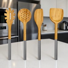 Bereketli Store Metal Saplı Bambu 4’lü Mutfak Seti – Kevgir, Spatula, Yan Spatula ve Makarna Servis Kaşığı