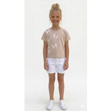 Rapapa Kız Çocuk Bej Kurdele Aplikeli Kısa Kollu TIŞÖRT-4330