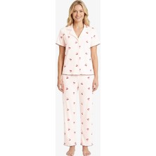 Cottonhill Krem Kiraz Desenli Pointel Gömlek Yaka Kadın Pijama Takımı