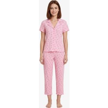 Cottonhill Pudra Kalp Desenli Pointel Gömlek Yaka Kadın Pijama Takımı
