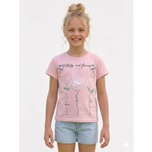 Rapapa Kız Çocuk Pembe Tişört - 3 Boyutlu Tül Çiçek ve Inci DETAYLI-2261
