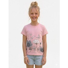 Rapapa Kız Çocuk Tişört Pembe Kelebek ve Çiçek Desenli -2262