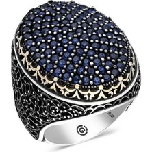 Inure Jewelry Gümüş Lacivert Zirkon Taşlı Oval Erkek Yüzük