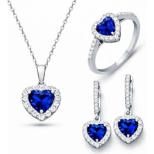 Inure Jewelry Gümüş Mavi Taşlı Kalpli Kadın Set