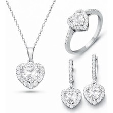 Inure Jewelry Gümüş Beyaz Taşlı Kalpli Kadın Set