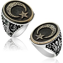 Inure Jewelry Gümüş Göktürkçe Alfabesi Yazılı Ay Yıldız Erkek Yüzük