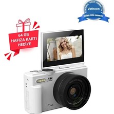 Vothoon 5k 75MP 18X Zoom Flaşlı 3” Flip Ekranlı Türkçe 64GB Kart Dijital Vlog Fotoğraf Makinesi