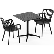 Tilia 2 Kişilik Polipropilen Masa Takımı Siyah (Moon Katlanır Masa 70X70 cm + Eva-P Kollu Sandalye) - Bahçe, Balkon, Teras, Veranda, Havuz Başı, Dış Mekan, Kafe, Restoran, Otel İçin