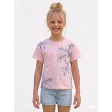 Rapapa Kız Çocuk Pudra Pembe Çiçek Nakışlı Kısa Kollu Tişört 6776