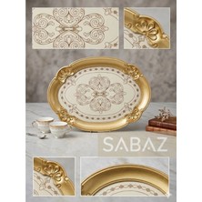 Sabaz 2 Adet Lüks Beyaz ve Altın Yaldızlı Dekoratif Tepsi - Klasik Desenli Kahve Sunum Tepsisi (30 x 22)