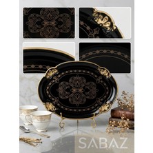 Sabaz 2 Adet Lüks Siyah Gold Işlemeli Oval Sunum Tepsisi - Antik Desenli Dekoratif Kahve Tepsisi (30X22)