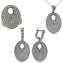 Inure Jewelry Gümüş Beyaz Taşlı Oval Bayan Set