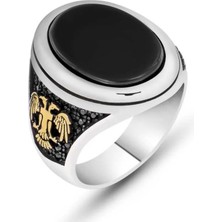 Inure Jewelry Gümüş Siyah Taşlı Çift Başlı Kartal Erkek Yüzük
