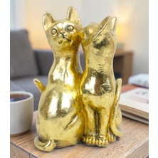 Elifeshop Lüks Polyester Gold 2li Kedi Biblo Dekoratif Ürün Ev Ofis Yeni Yıl Hediyesi Dekoratif Obje 17 Cm.