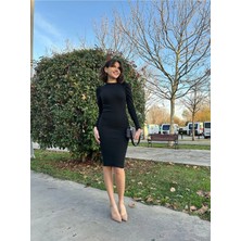 Bigümex Karpuz Kol Triko Elbise-Siyah